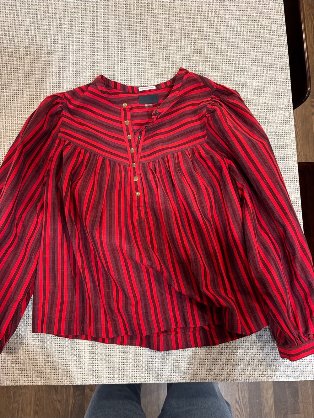 MOTHER Red and Black Striped Button-Yoke Blouse